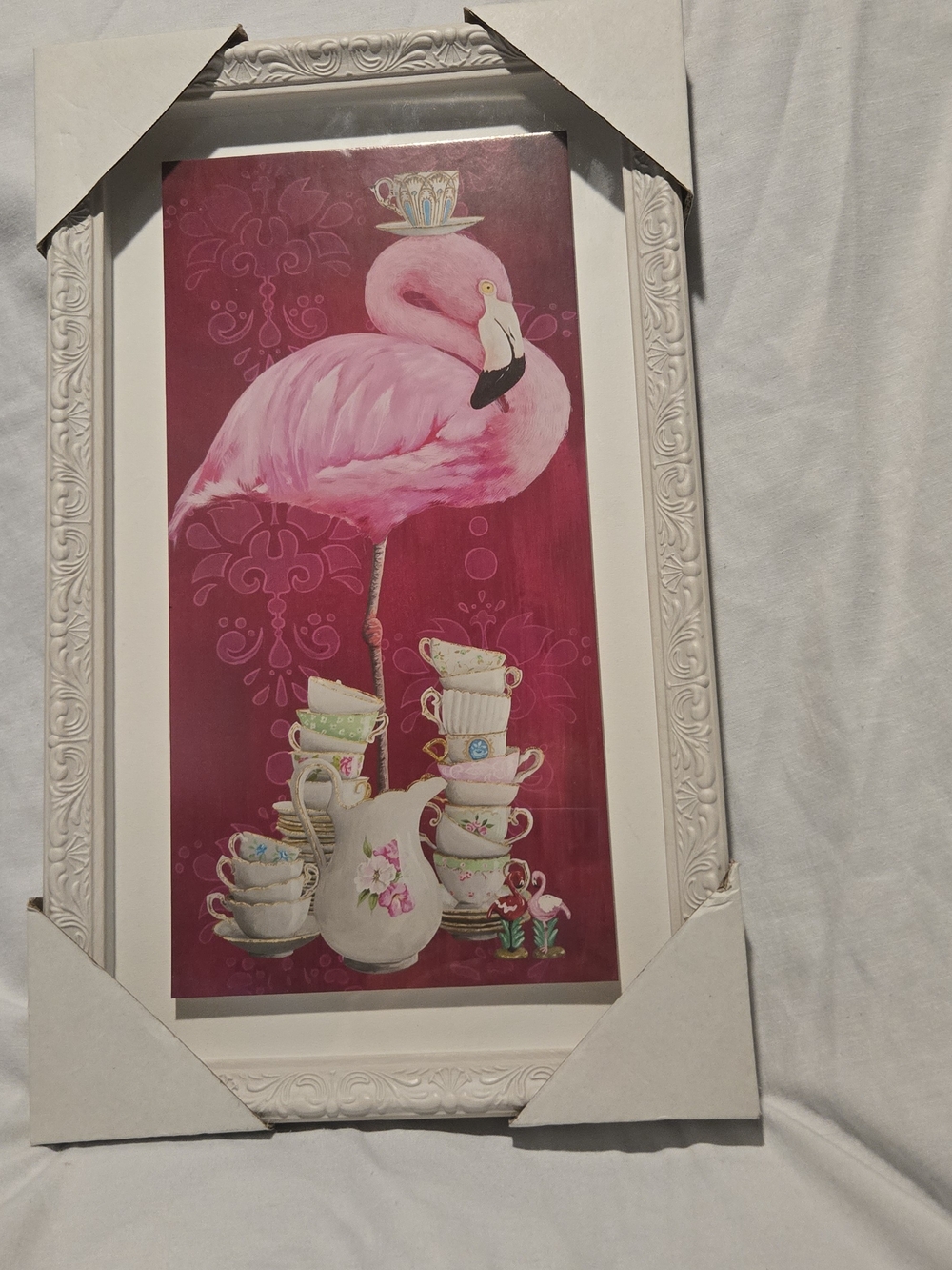 Framed Art Pink Flamingo & Teacup Stacked Wall Art Boho Chic Cottagecore Gift